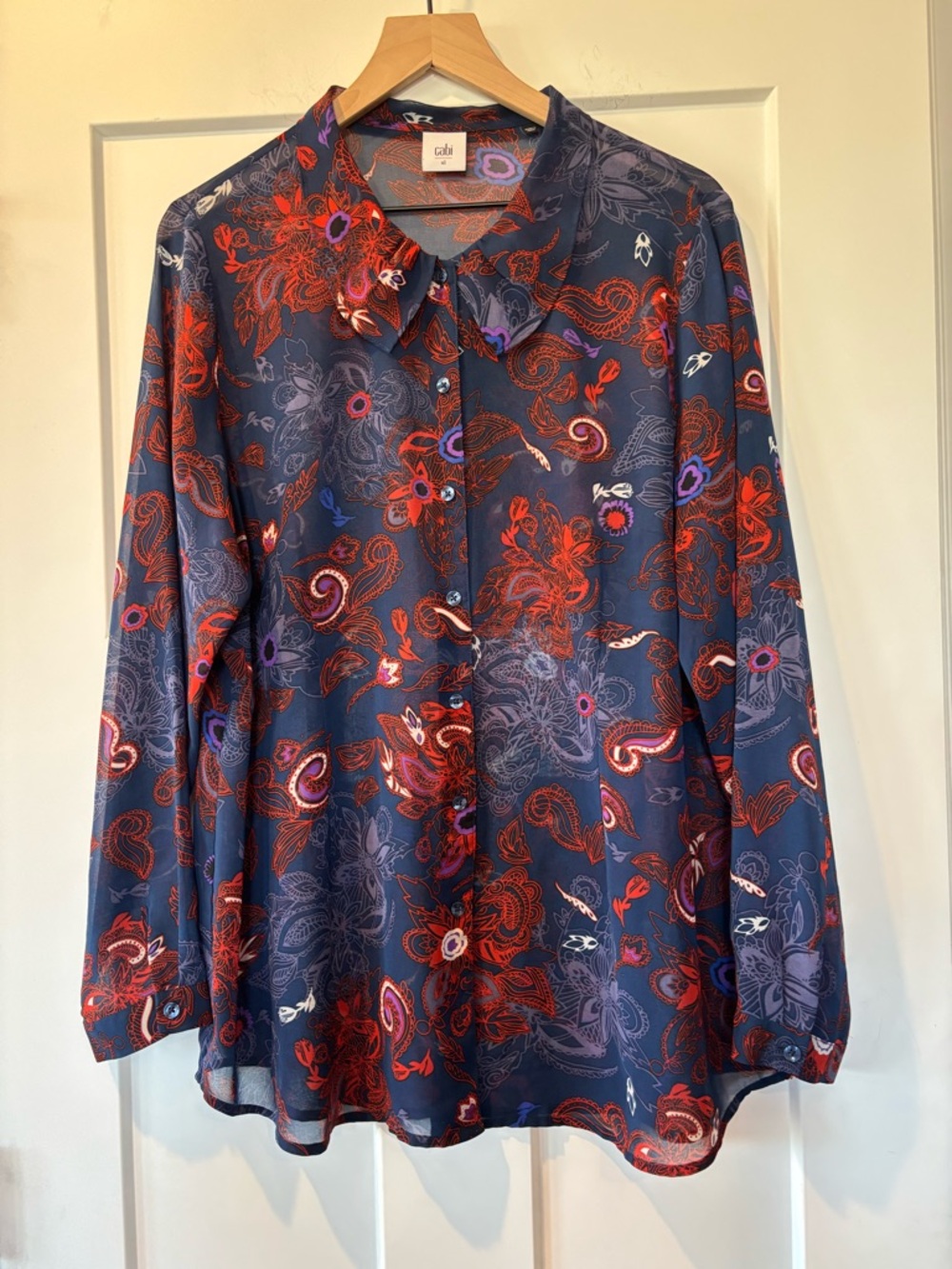 CAbi Women’s Sheer Chiffon Long Button Blouse Navy Paisley Office Work XL